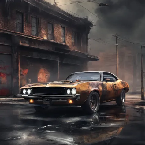 colorful muscle car, greyed out dystopian city, blowing colors out of its tailpipe, give color back to the city, illustration, ultra-detailed, realistic, vibrant colors, studio lighting, urban landscape, high-res, HDR, dynamic lighting, smoke, smog, abando...