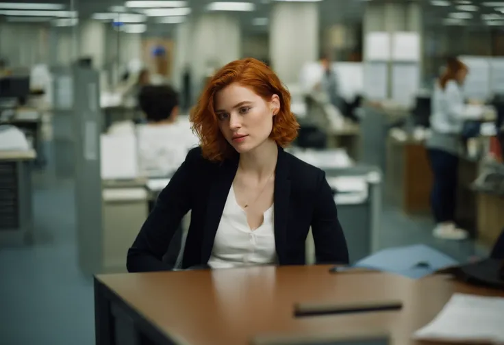 beautiful young woman, 28 year old, short messy hair, ginger hair, floppy hair, straight hair,  busy news office, new york city, Photojournalism, 35mm, Depth of Field, Materiality