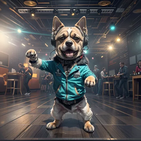 Dog dancing rock on dance floor background, Underground danceclub,tmasterpiece， high high quality， Best quality at best，Rock ballroom，Stylish dog DJ，Dogs wear punk headphones，Dogs wear rock costumes，k hd，8K