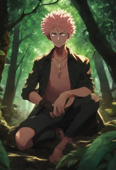 Boy, crouched, green eyes (extremely bright and detailed), inside a dark forest and with a Donquixote Doflamingo-style smirk