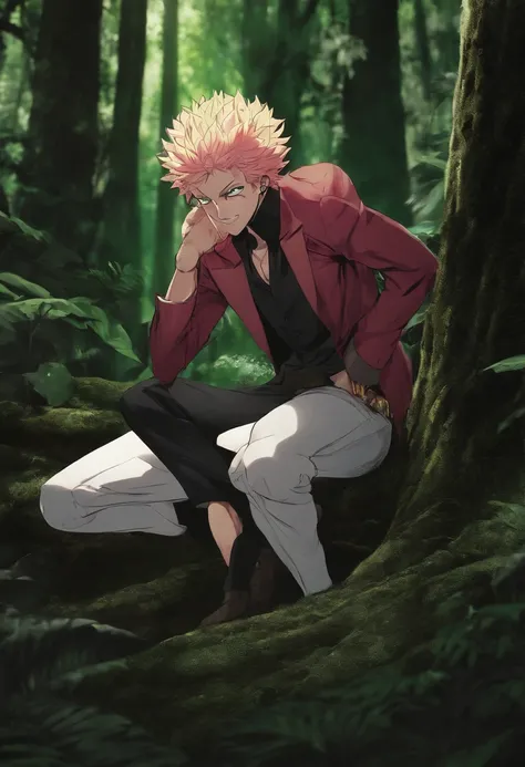 Boy, crouched, green eyes (extremely bright and detailed), inside a dark forest and with a Donquixote Doflamingo-style smirk