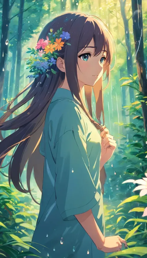 anime girl with long hair and flowers in her hair, beautiful anime artwork, rainy day，the woods，rain drops