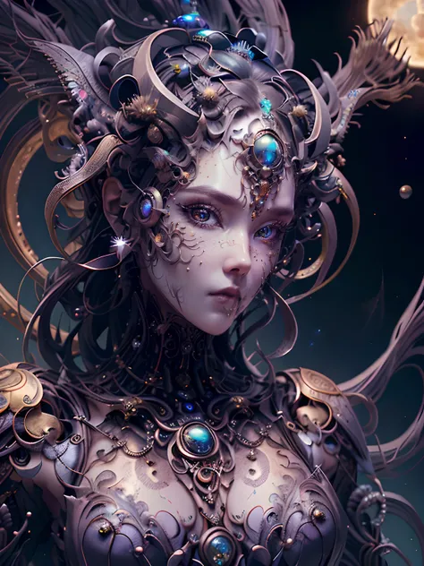 （best qualtiy，ultra - detailed，Most Best Illustration，Best shadow，tmasterpiece，A high resolution，professionalartwork，famousartwork），Detailed eyes，beautidful eyes, closeup cleavage，sci-fy，colored sclera，Robot eyes, face markings，Tattooed with，（fractalized，F...