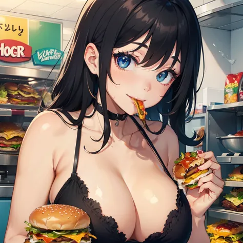 1 beauty，Watery Big Eyes，Sit facing the camera, (Her mouth is puffed up full of hamburgers), long eyelasher，falda corta，Blushlush，Black Perm Hair, in fast food shop, (Holding a hamburger steak in your mouth with a big smile), Sprinkle with ketchup in large...