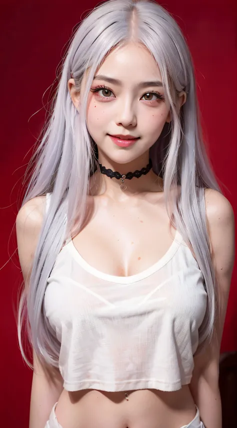 1girl in, Heart-shaped pupil, Fingernails, White hair, Purple eyes, (blush:1.1), Choker, Upper body, trembling, Sweat, sweat drop, heart mark, (medium breasts:0.6), Koi, heart mark, croptop, Happy, Smile,  Lace, Bokeh, (hitornfreckles:0.8), Natural Skin Te...