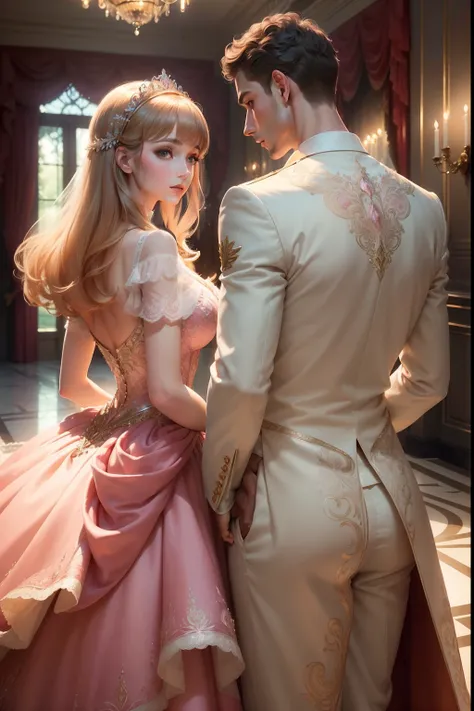 (((masterpiece))), (((Best Quality))), ((Ultra-detailed)), (Illustration), (Detailed light), ((extremely delicate and beautiful)), Beautiful Caucasian couple looking ahead, Royal Ball, waltz, looking down to viewer, Marble floor, Reflectors, Flowing pink d...