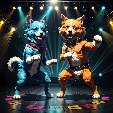 Dog dancing rock on dance floor background, Underground danceclub,tmasterpiece， high high quality， Best quality at best，Rock ballroom，Stylish dog DJ，Dogs wear punk headphones，Dogs wear rock costumes，k hd，8K