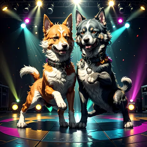 Dog dancing rock on dance floor background, Underground danceclub,tmasterpiece， high high quality， Best quality at best，Rock ballroom，Stylish dog DJ，Dogs wear punk headphones，Dogs wear rock costumes，k hd，8K