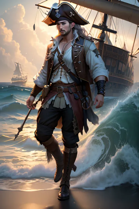 a pirate, , a picture,Soft lighting, Soft Detail, octane, Art Station Trend, ultra high detail, A hyper-realistic, Cinematic,16 K, ​masterpiece, top-quality, hightquality, hight resolution、Body Portrait、Rough sea and pirate ship background、(((full-body vie...