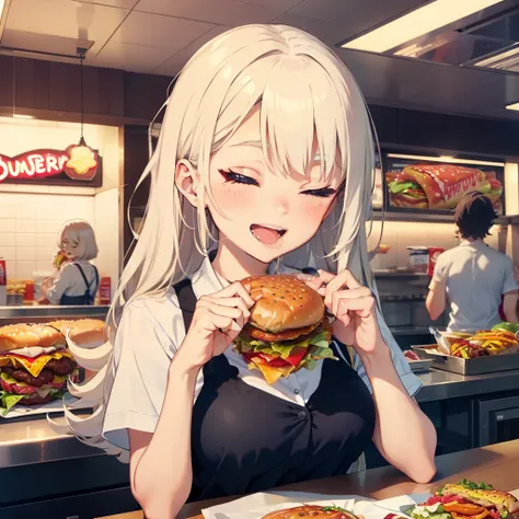 1 beauty，sixteen years old, Watery Big Eyes，(Happy smile)，long eyelasher, Blushlush，Platinum Blonde Perm Hair,in fast food shop, (Close your eyes, Smile and open your mouth wide), ((Gnawing on a grabbed hamburger with both hands)),(Eat cleanly)