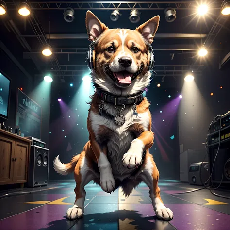 Dog dancing rock on dance floor background, Underground danceclub,tmasterpiece， high high quality， Best quality at best，Rock ballroom，Stylish dog DJ，Dogs wear punk headphones，Dogs wear rock costumes，k hd，8K