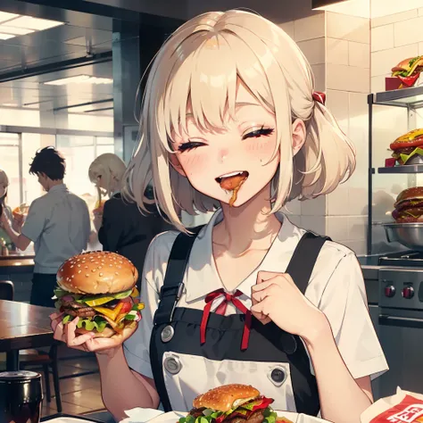 1 beauty，sixteen years old, Watery Big Eyes，(Happy smile)，long eyelasher, Blushlush，Platinum Blonde Perm Hair,in fast food shop, (Close your eyes, Smile and open your mouth wide), ((Gnawing on a grabbed hamburger with both hands)),(Eat cleanly)