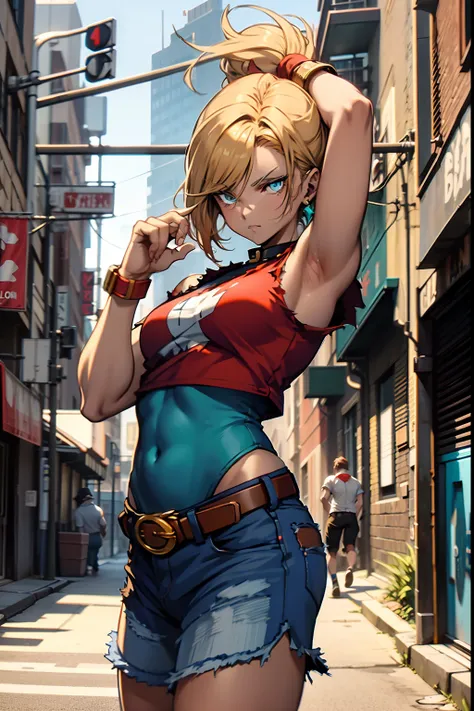 Golden Shorthair, turquoise Eyes, Red sleek polar sleeveless cropped tee, Ripped micro denim puck, Brown leather belt, Kicking posture, New York back-alley background, The King of Fighters Blue Marie Reference;