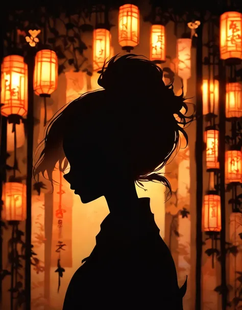 (Silhouette Art,cutouts:1.6)
(((Paper cutting art,A world where only black exists:1.3)

(Cowboy Shot),1 girl,Solo,
(Kimono Girl,profile:1.2),white, Clear and beautiful face,

BREAK
(Lots of lanterns、pale light)
Textured glass background,