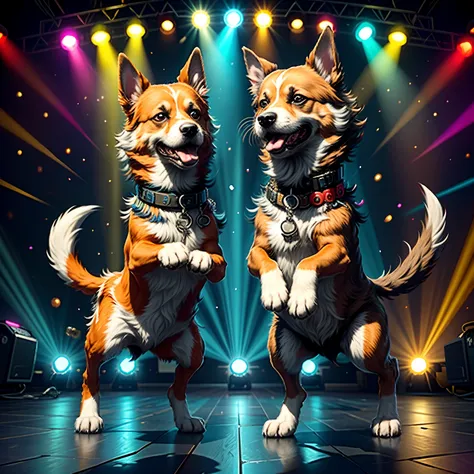 Dog dancing rock on dance floor background, Underground danceclub,tmasterpiece， high high quality， Best quality at best，Rock ballroom，Stylish dog DJ，Dogs wear punk headphones，Dogs wear rock costumes，k hd，8K