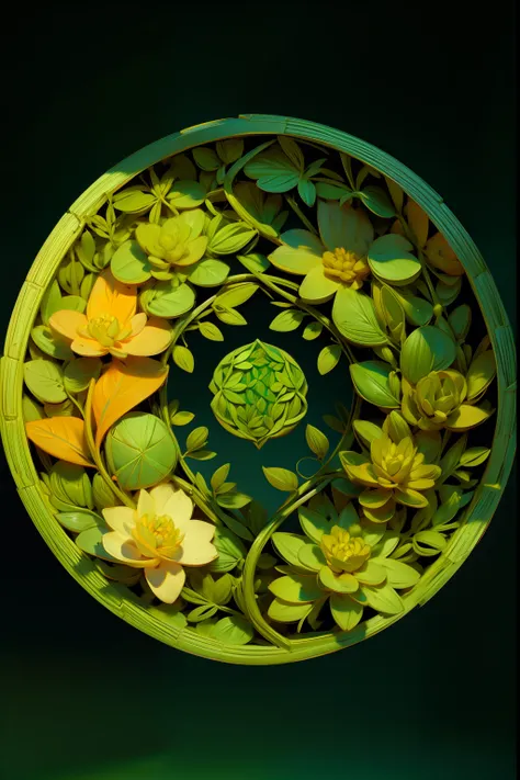 A round ornamental mandala made of green vegetation, plants, flowers and vines.