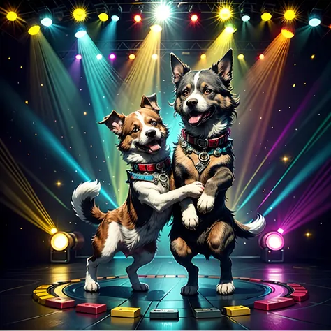 Dog dancing rock on dance floor background, Underground danceclub,tmasterpiece， high high quality， Best quality at best，Rock ballroom，Stylish dog DJ，Dogs wear punk headphones，Dogs wear rock costumes，k hd，8K