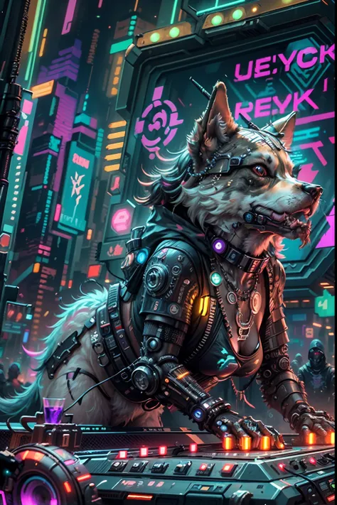 (((Cyberpunk universe))), Cyberpunk rock dogs perform on a neon-shimmering stage, Glamorous，Full of prunes, Surrounded by cheers. Futuristic bass adds to the exciting atmosphere. Dress in avant-garde cyberpunk fashion,Rock Dog DJs stand out under the vibra...