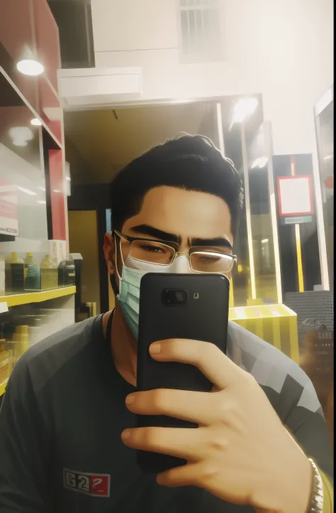 there is a man that is taking a picture of himself with a cell phone, wearing facemask, wearing mask, wearing a mask, 8k selfie photograph, with accurate face, wearing transparent glass mask, 2 3 years old, front profile!!!!, very very low quality picture,...