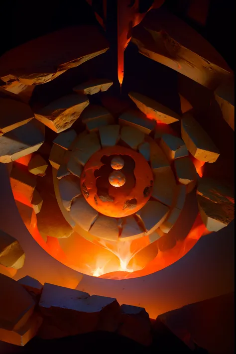 A round ornamental mandala made of fire, flames and a whirlpool of lava, surrounded by stone.