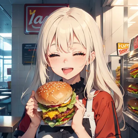 1 beauty，sixteen years old, Watery Big Eyes，(Happy smile)，long eyelasher, Blushlush，Platinum Blonde Perm Hair,in fast food shop, (Close your eyes, Smile and open your mouth wide), ((Grabbed half-eaten 1 hamburger nibbled with both hands)),(Eat cleanly)