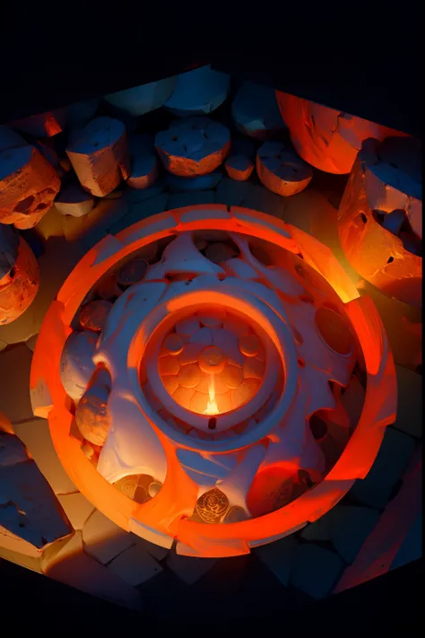 A round ornamental mandala made of fire, flames and a whirlpool of lava, surrounded by stone.