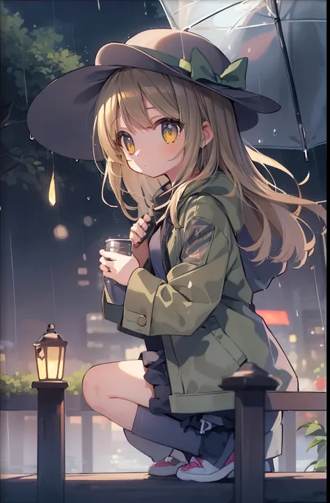 Beautiful illustration, Best Quality, (12-year-old girl:1.4)、(cute petit girl：1.3),Lori、 (Superb view),Casual clothing、coat、Shorts with a wide hem、knee sox、Green long hair、Golden Eyes、Long two-side-up hair、Rain at night