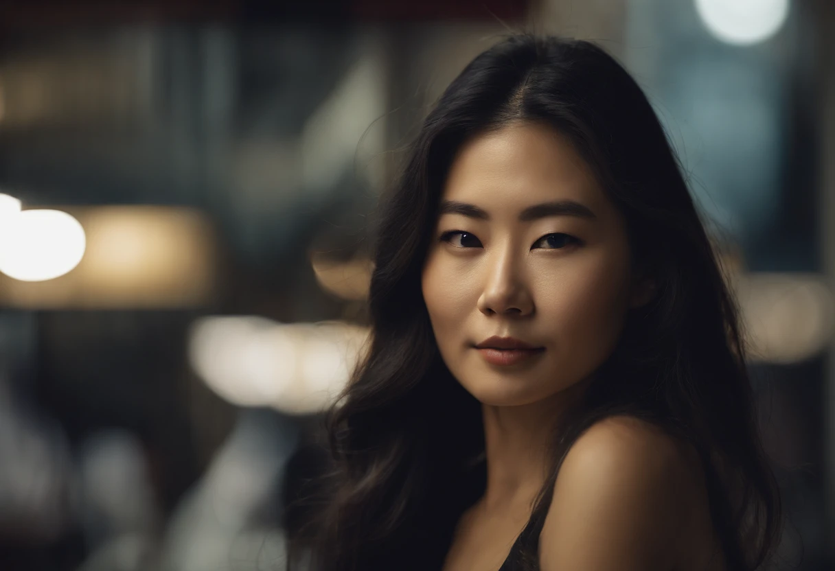 beautiful young japanese woman, 34 year old, long silky hair, black hair, floppy hair, swept over shoulder, busy tech company, san francisco city, Photojournalism, 35mm, Depth of Field, Materiality