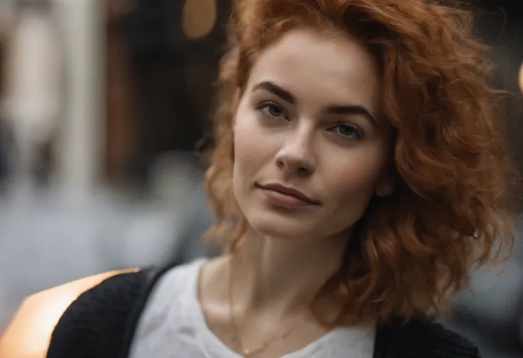 beautiful young woman, 28 year old, short messy hair, ginger hair, floppy hair, straight hair, busy news office, new york city, Photojournalism, 35mm, Depth of Field, Materiality