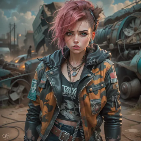 cute punk rock girl, mad max jacket, renaissance, cables on her body, hyper realistic style, oil painting, fantasy by Olga Fedorova