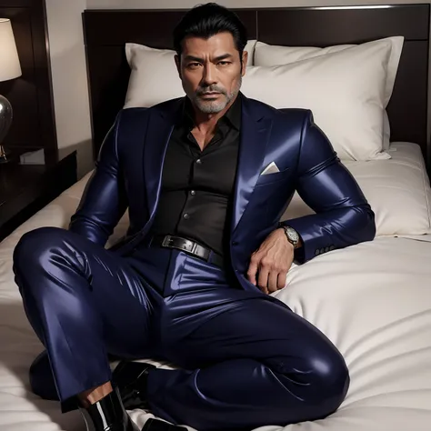 50 years old,daddy,shiny suit, chelsea boots, sleep on bed,k hd,muscle, gay ,black hair,asia face,masculine,strong man,charming,no beard, raise your legs