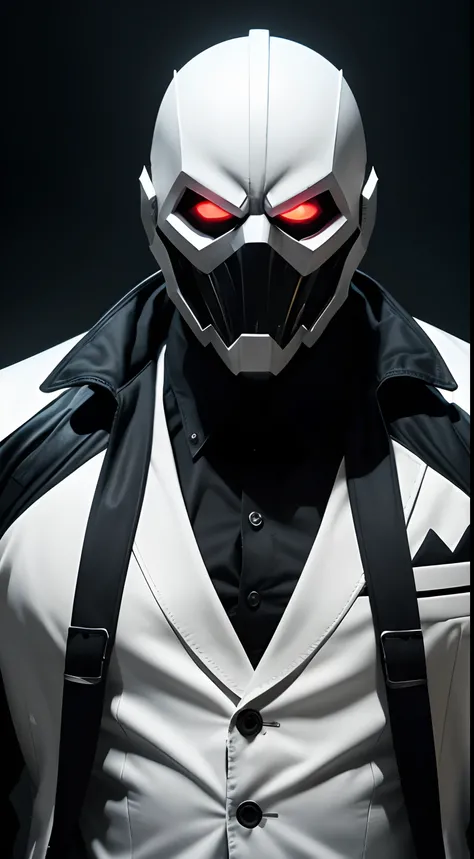 A new supervillain,The Headless Man,Full-length man,in a black and white suit,Epic scary frightening mask,brawn,black and white suit,bodyarmor,Military gloves,Formidable appearance,looks at the viewer,terrifying,sysy,