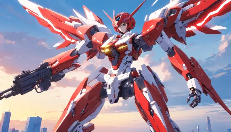 Female red and white cyborg mech，holding gun，Complex mechanical structure，Mecha articulated wing metallic luster，Fly in the sky