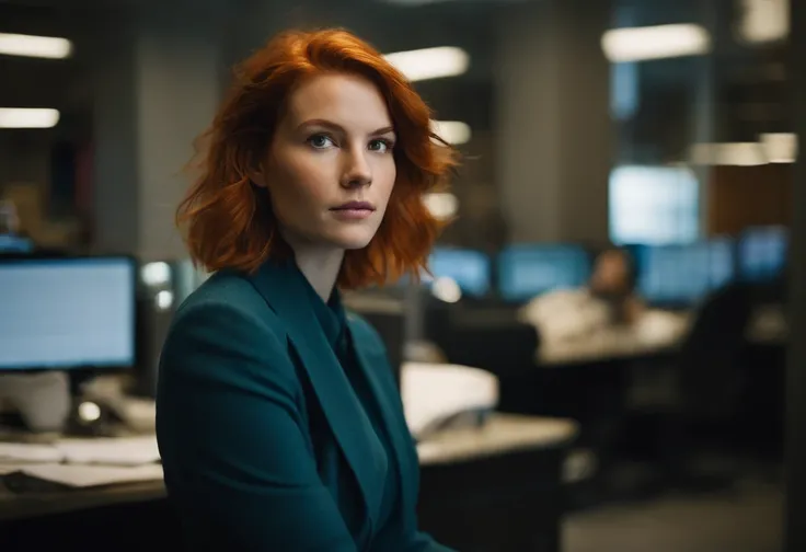 beautiful young woman, 28 year old, short messy hair, ginger hair, floppy hair, straight hair, busy news office, new york city, Photojournalism, 35mm, Depth of Field, Materiality