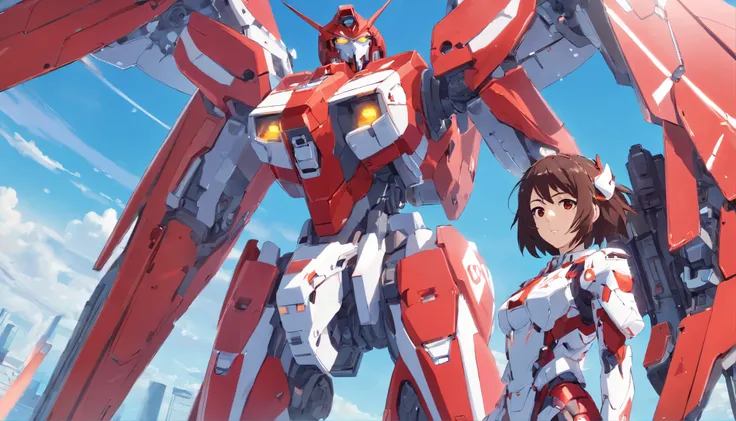 Female red and white cyborg mech，holding gun，Complex mechanical structure，Mecha articulated wing metallic luster，Fly in the sky