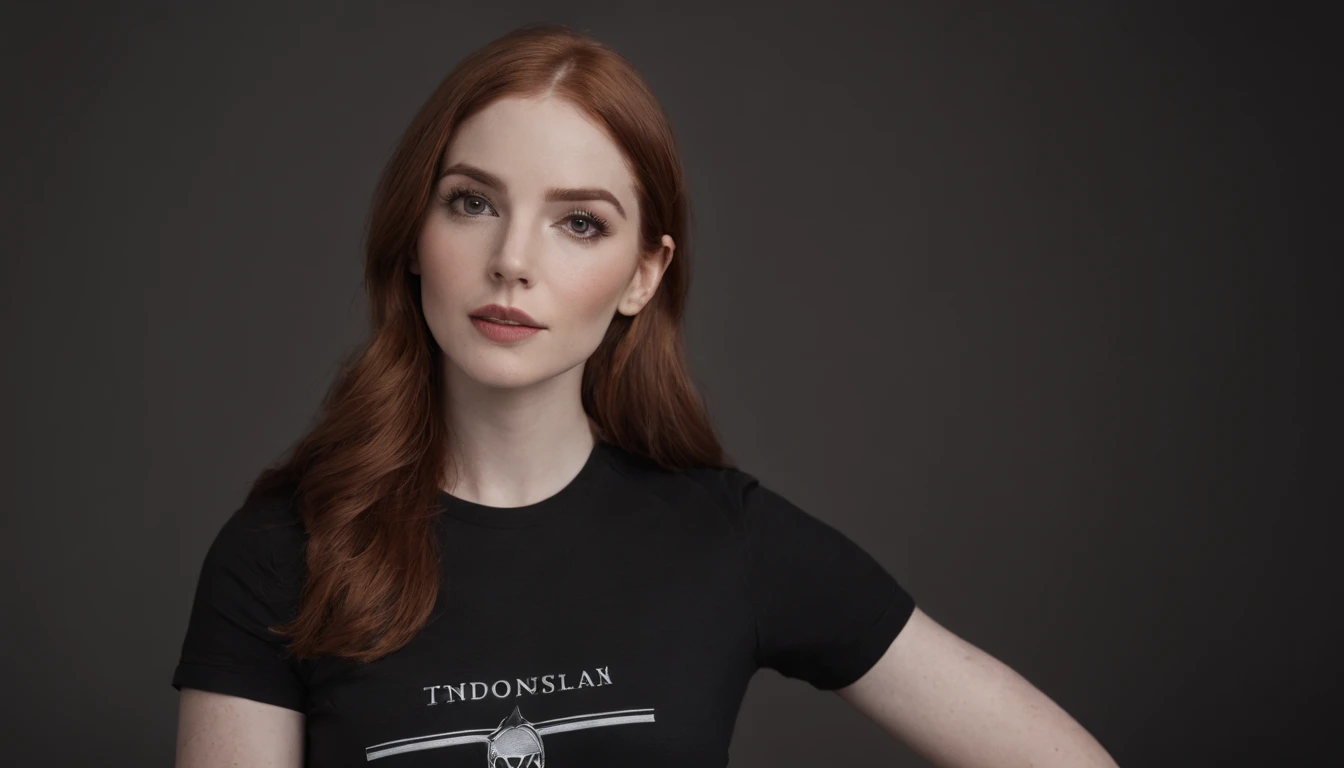 (Nahaufnahme einer Frau, inspiriert von Karen Gillan), T-Shirt-Logo im konischen Fine-Contour-Stil, Ansicht "Rechtschreibung", Kunst in (leerer Hintergrund:1.4)hands, (auf dunkelschwarzem Hintergrund:1.4), Blick in die Kamera, posing for camera.