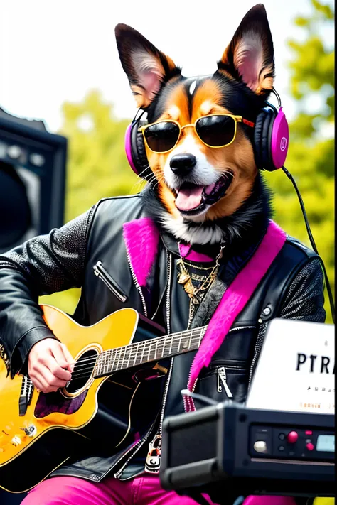 Animal rock stage，Stylish dog DJ，Dogs wear punk headphones，Dogs wear rock costumes