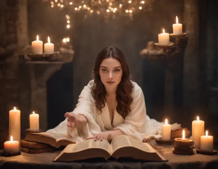 A beautiful magical woman in a white robe raised her hand, A circle of magic books scattered on the ground, Magic books and candles are placed around, Seven mirrors at different angles just above, Gloomy picture, vision, Depth of field, divine light, film ...