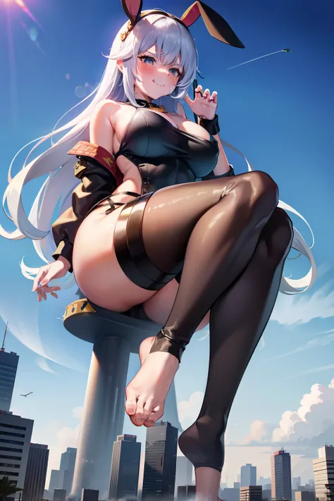 Giantess mini city barefoot, Long hair, Mature with an airplane in his hand, muscular,bare foot black_legwear,bomber jacket,smirks,larger breast, sliver hair,sliver eyes,rabbit ears,bunny girl,camo shorts,teasing smrik,GtsGiga,gtscity,cityscape,Rampage,Loo...