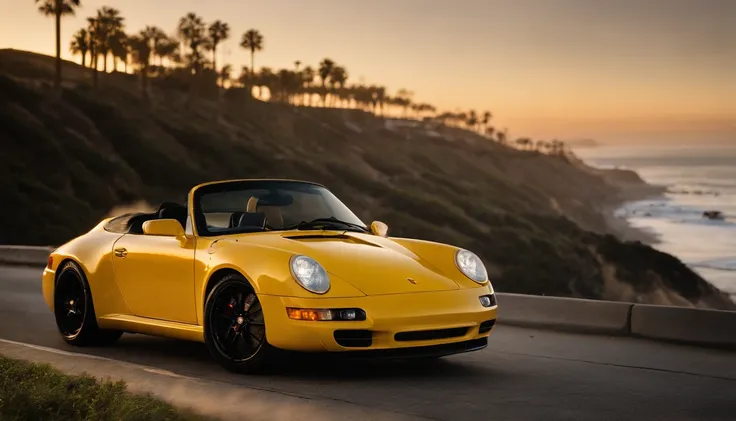 arafed yellow sports car parked on the side of the road near the ocean, vehicle photography, southern california, pch, long beach background, automotive photography, car photography, in a beachfront environment, top down perspective, roadster, the city of ...