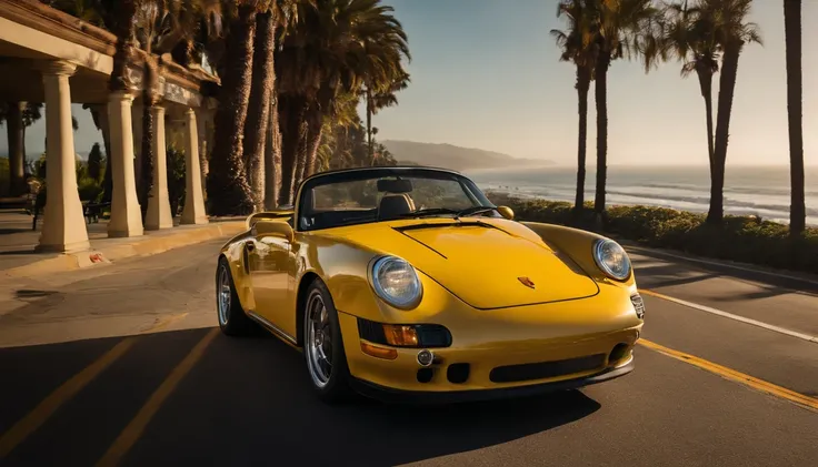 arafed yellow sports car parked on the side of the road near the ocean, vehicle photography, southern california, pch, long beach background, automotive photography, car photography, in a beachfront environment, top down perspective, roadster, the city of ...