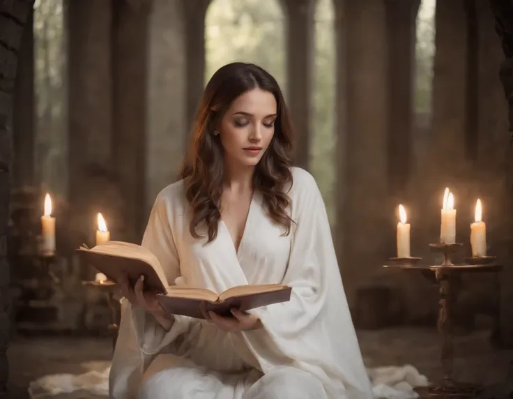 A beautiful and holy magical woman in a white robe raised her hand, A circle of magic books scattered on the ground, Magic books and candles are placed around, Seven mirrors at different angles just above, Gloomy picture, vision, Depth of field, divine lig...