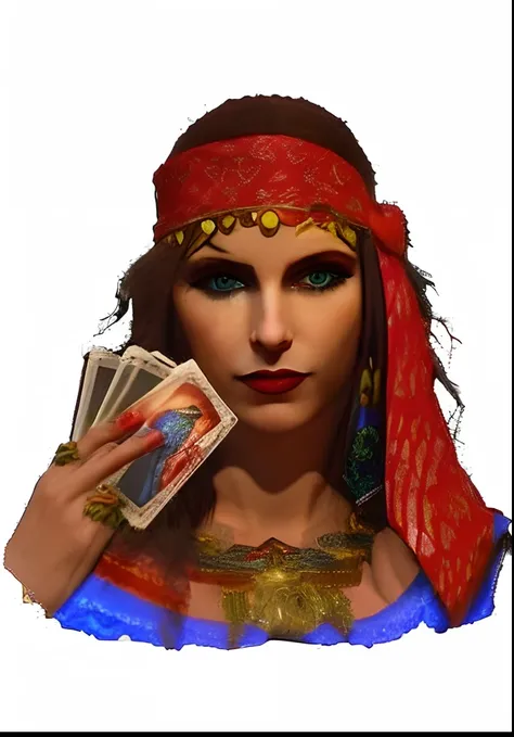 A closeup of a gorgeous woman holding a card in her hand, adivinho, mulher feiticeira, tarot cards characters, Retrato de uma feiticeira, humano :: feiticeira, feiticeira, portrait of bedouin d&d, Maga Feminina, cigano, Sacerdotisa, sacerdotisa, gothic mai...