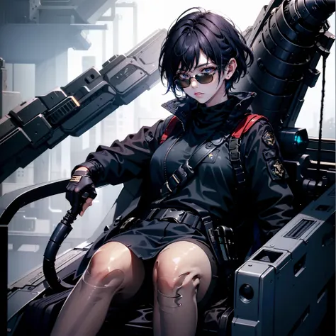 1woman, cool, short dark blue hair, pixie cut, dark brown eyes, sci fi, small eyes, sunglasses, light skin, wearing completely b...