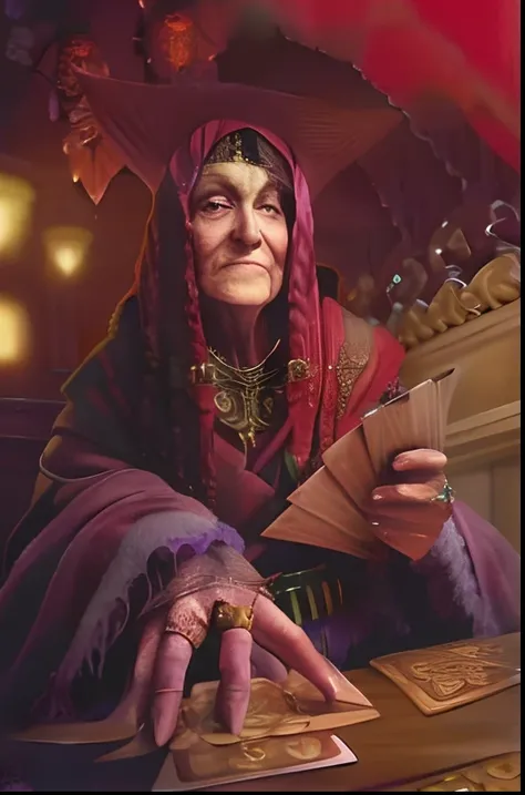 a painting of a woman in a purple robe holding a card, granny weatherwax, Retrato de um Mago, adivinho, adivinho, the oracle of the mayan elders, Da magia o encontro, retrato closeup de um mago, Magia a Feiticeira Reunindo, dressed as an oracle, Arte do Jo...