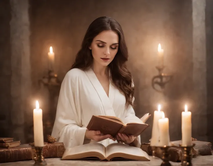 A beautiful and holy magical woman, looking forward in a white robe raising her hand, A circle of magic books scattered on the ground, Magic books and candles placed around, Seven mirrors at different angles just above, Gloomy picture, vision, Depth of fie...