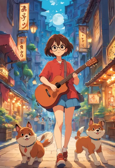 Manhwa Style，Rock puppy，Trendy clothing，wears dark glasses，plays the guitar，Madness，Fluttering musical symbols，ball room，crowd of，8K，super-fine，full bodyesbian，best qualtiy，Disney animation，style of disney animation，Disney animated film art，独奏