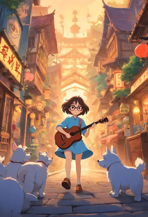 Manhwa Style，Rock puppy，Trendy clothing，wears dark glasses，plays the guitar，Madness，Fluttering musical symbols，ball room，crowd of，8K，super-fine，full bodyesbian，best qualtiy，Disney animation，style of disney animation，Disney animated film art，独奏