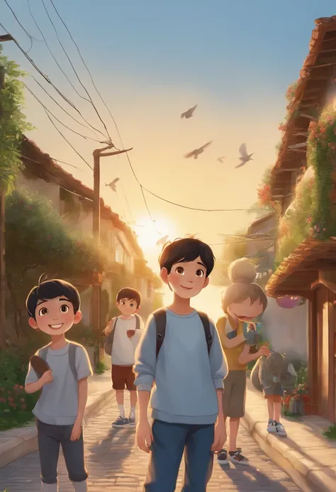 Two happy boys and a girl standing on the sidewalk, taking full-body photos and laughing happily. The boy wore a short blue sweatshirt, blue sneakers, and the girl wore a white sweatshirt, jeans, white sneakers, black hair, a house, flower, Hayao Miyazaki ...