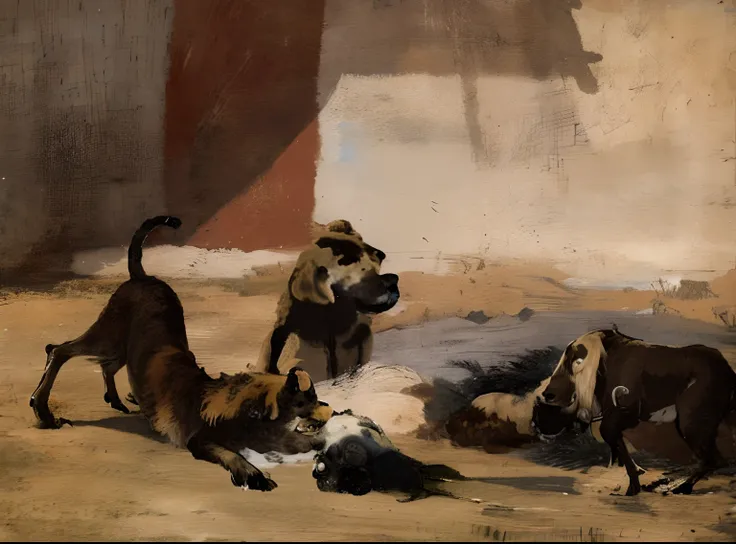 painting of a dog and a dead animal in an area of land, Directed by: Leonaert Bramer, inspired by Félix Bódog Widder, DELACROIX, Directed by: Eugene Delacroix, by Honoré Daumier, Directed by: Juan Luna, Directed by: Théodule Ribot, Directed by: Giovanni Fa...